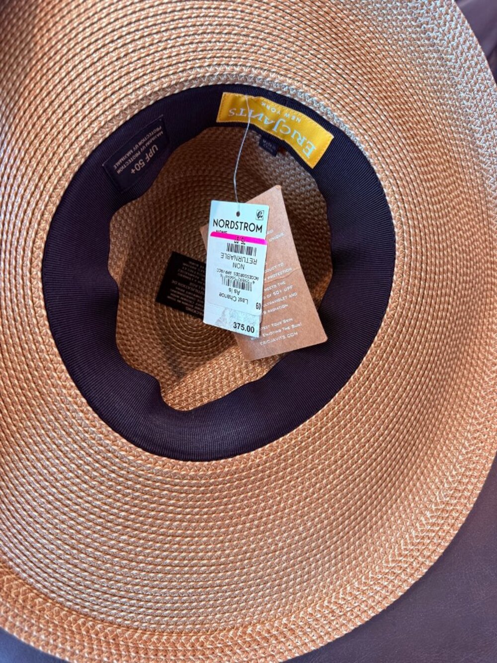 Eric Javits Squishee Straw Fedora Hat Natural Tan Black Band UPF 50+ NWT - Picture 3 of 4